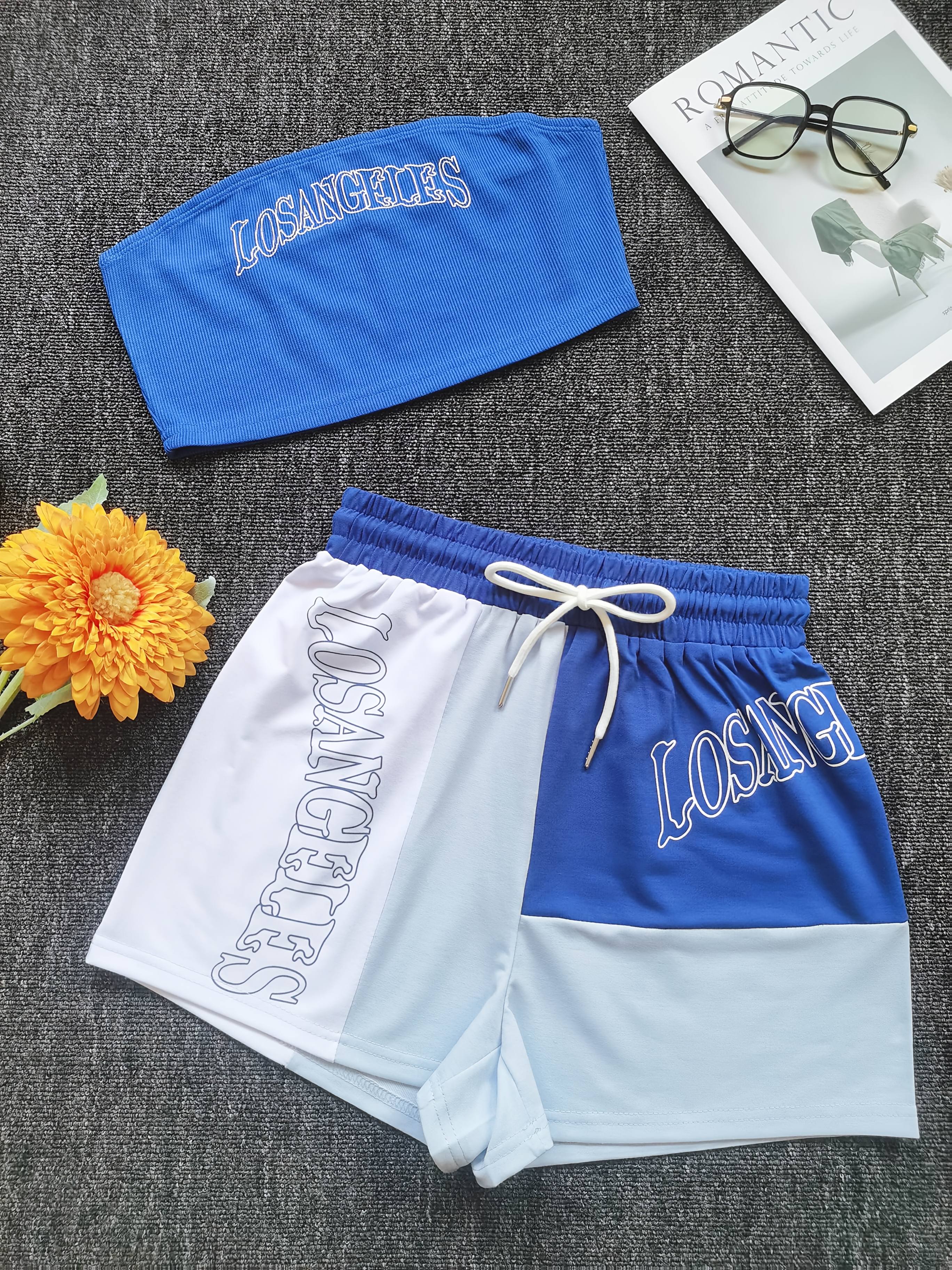 Women'S Stylish Casual Printed Color-Blocked Shorts And Strapless Two-Piece Set
